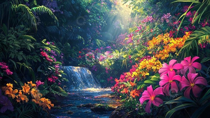 高清大图下载【趣麦麦图】热带雨林瀑布鲜花