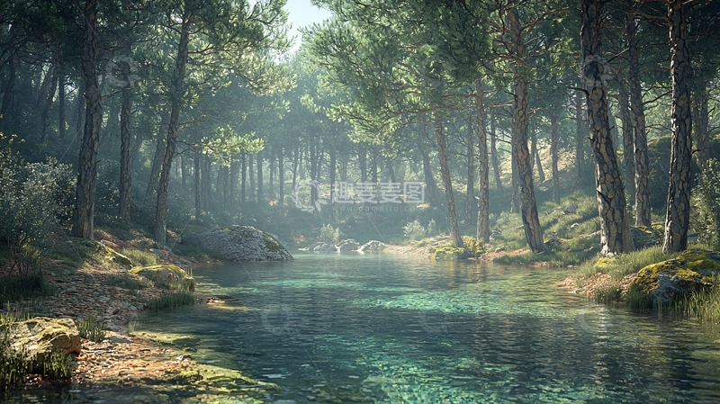 高清大图下载【趣麦麦图】阳光透过树林洒在清澈溪流