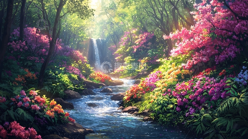 高清大图下载【趣麦麦图】梦幻森林瀑布