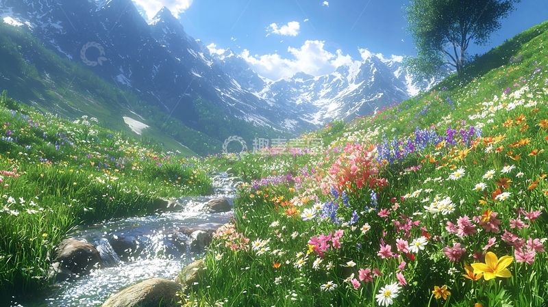 高清大图下载【趣麦麦图】山间溪流野花盛开