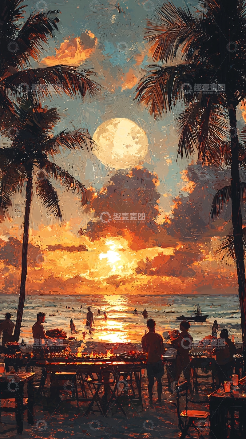 高清大图下载【趣麦麦图】热带海滩日落晚霞