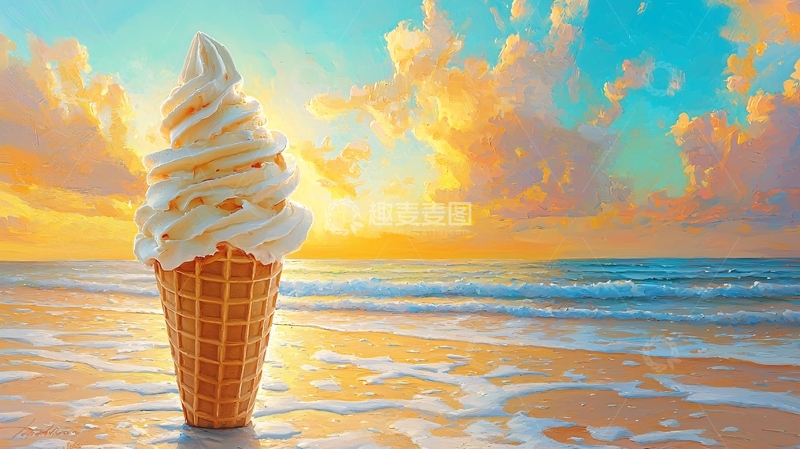 高清大图下载【趣麦麦图】沙滩日落软冰淇淋