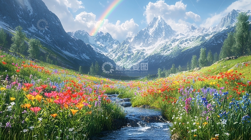 高清大图下载【趣麦麦图】彩虹山谷鲜花溪流
