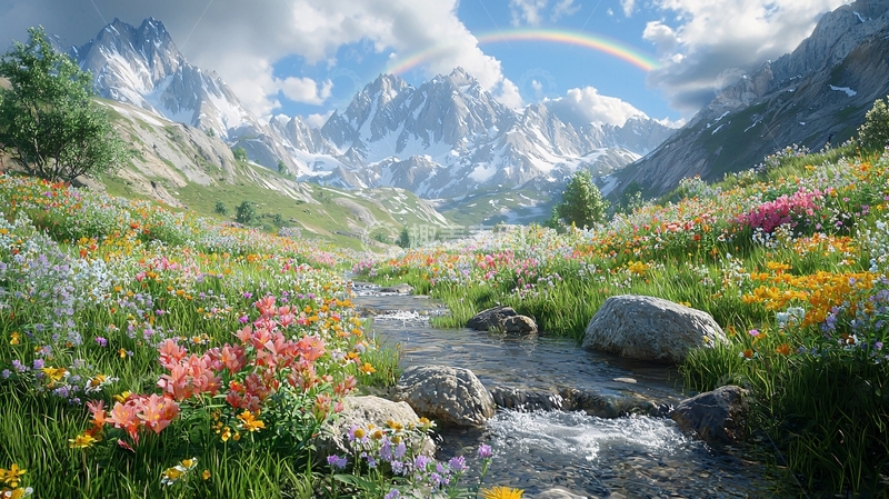 高清大图下载【趣麦麦图】彩虹雪山花海溪流