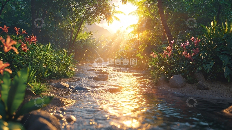 高清大图下载【趣麦麦图】阳光透过树林洒在溪流上