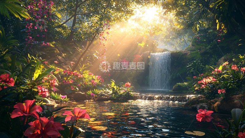 高清大图下载【趣麦麦图】阳光森林瀑布