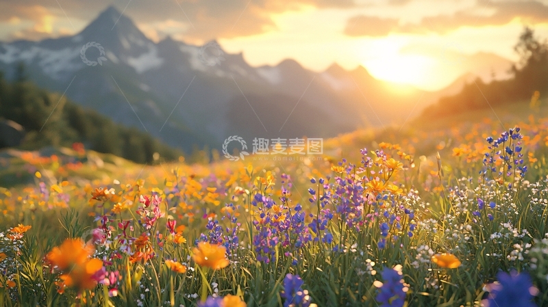 高清大图下载【趣麦麦图】日落山脉野花田