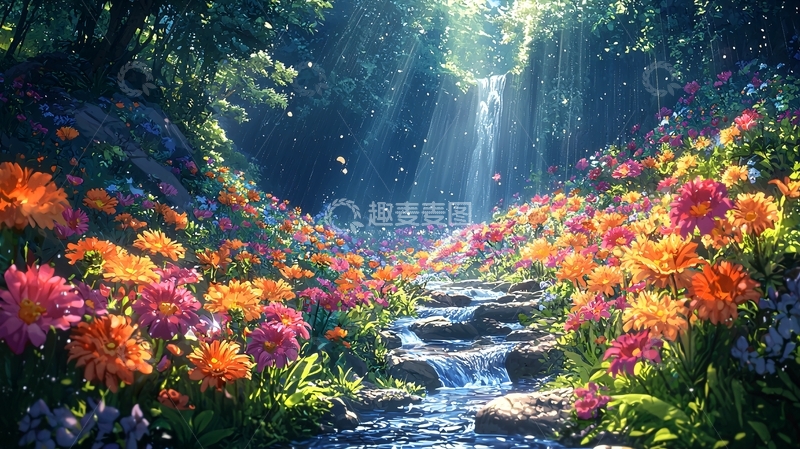 高清大图下载【趣麦麦图】梦幻森林瀑布鲜花