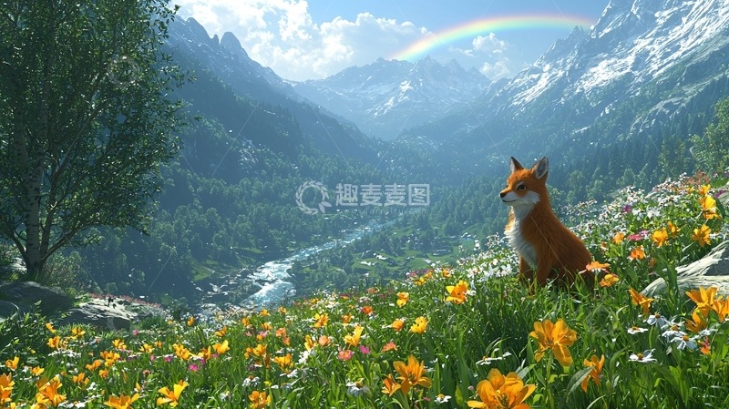 高清大图下载【趣麦麦图】彩虹下红狐与山谷花田