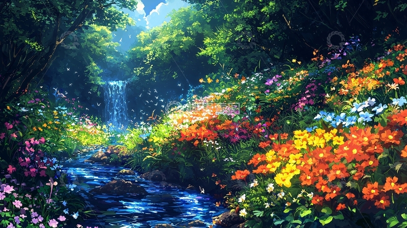 高清大图下载【趣麦麦图】梦幻森林瀑布花海