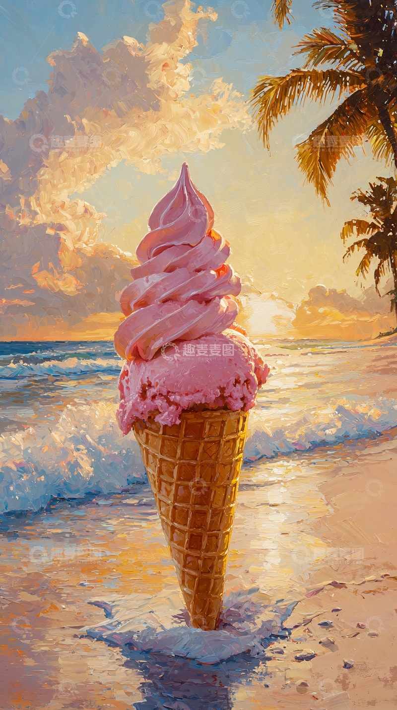 高清大图下载【趣麦麦图】粉色冰淇淋海滩日落