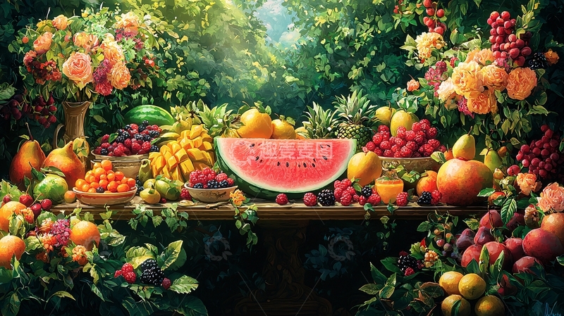 高清大图下载【趣麦麦图】阳光下丰盛的水果盛宴