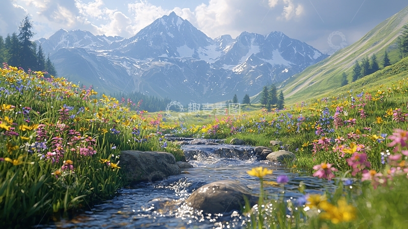 高清大图下载【趣麦麦图】高山流水鲜花盛开