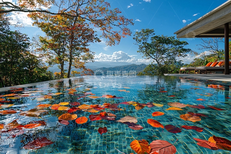 高清大图下载【趣麦麦图】山景泳池落叶
