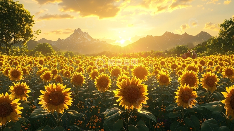 高清大图下载【趣麦麦图】向日葵花海日落美景