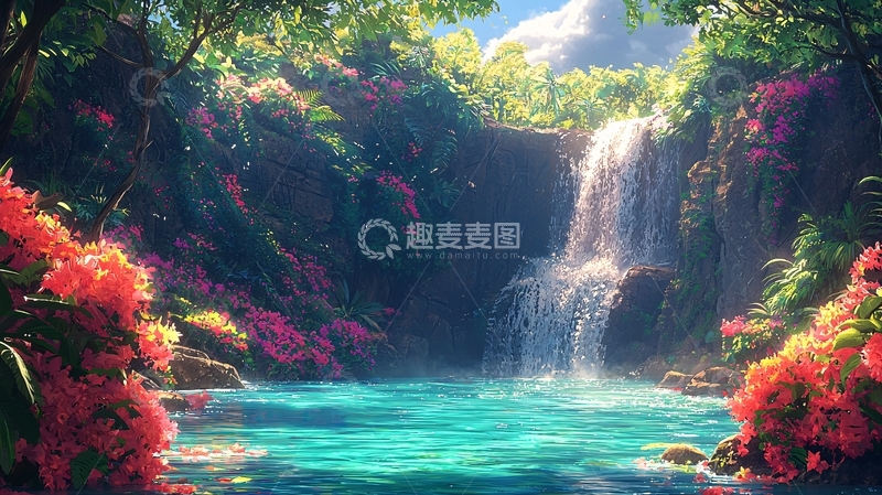 高清大图下载【趣麦麦图】热带雨林瀑布风景