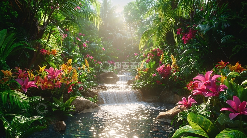 高清大图下载【趣麦麦图】热带雨林溪流瀑布