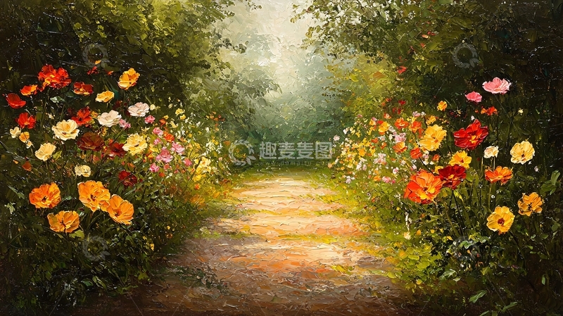 高清大图下载【趣麦麦图】森林小路鲜花盛开