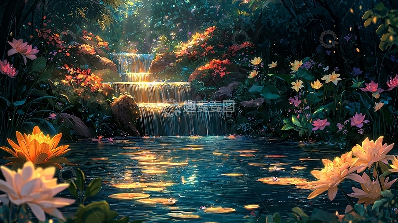高清大图下载【趣麦麦图】梦幻森林瀑布