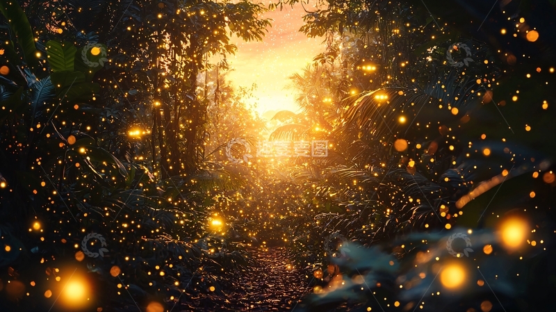 高清大图下载【趣麦麦图】萤火虫森林夕阳