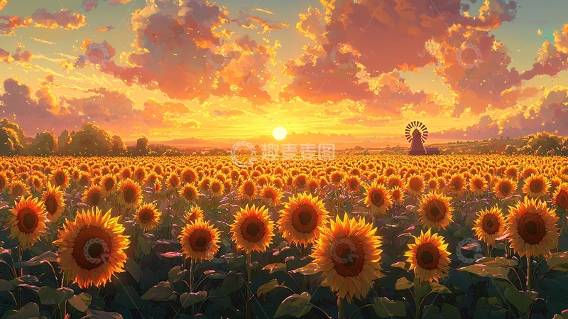 高清大图下载【趣麦麦图】日落向日葵田园风光