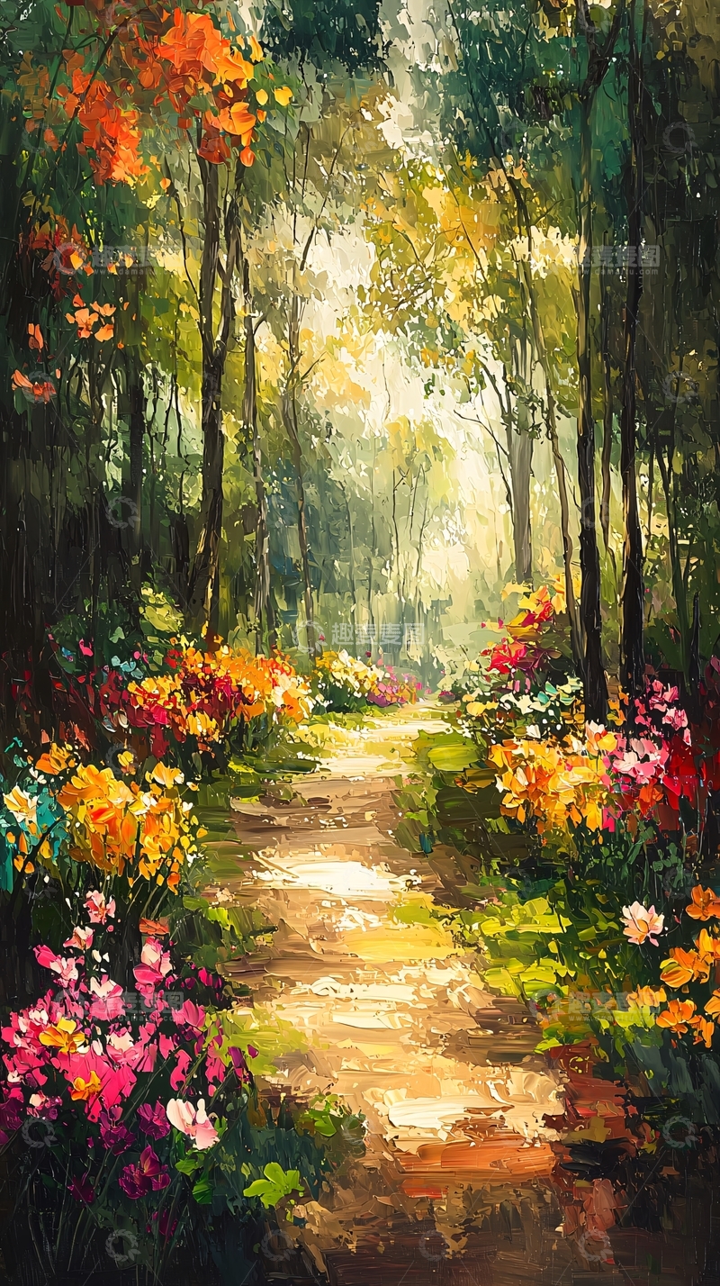 高清大图下载【趣麦麦图】森林小路鲜花盛开