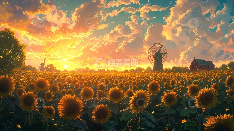 高清大图下载【趣麦麦图】日落向日葵田园风光