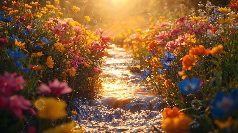 高清大图下载【趣麦麦图】阳光下的花海小溪