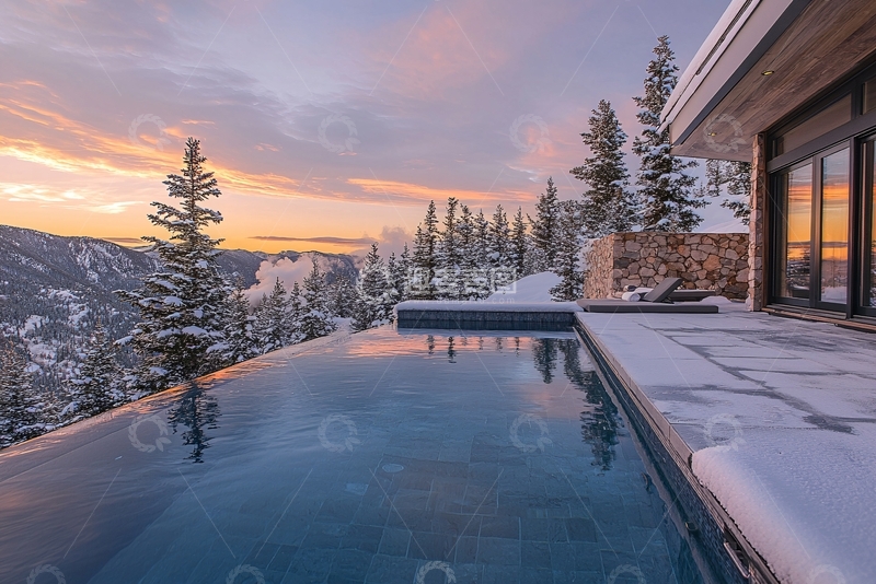 高清大图下载【趣麦麦图】雪山日落泳池别墅