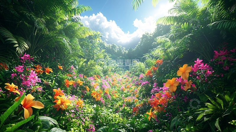 高清大图下载【趣麦麦图】热带雨林鲜花小路