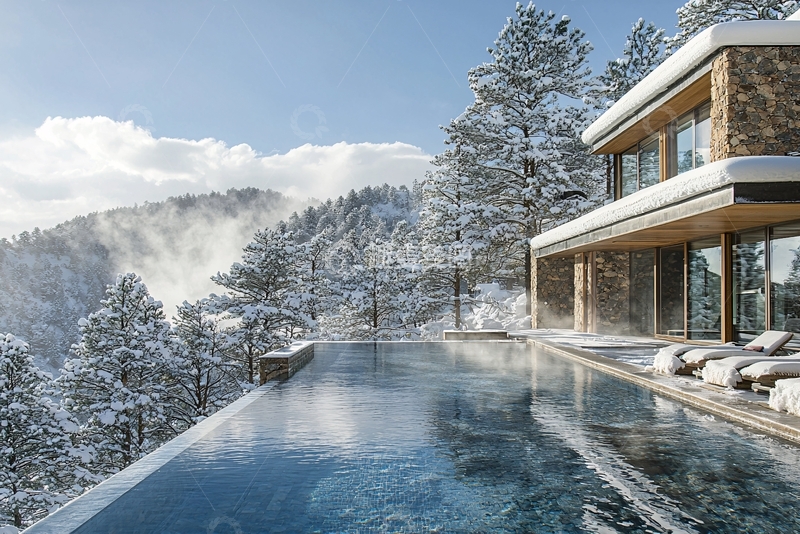 高清大图下载【趣麦麦图】雪山别墅泳池