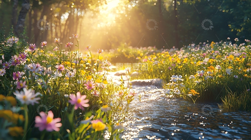 高清大图下载【趣麦麦图】阳光森林溪流野花