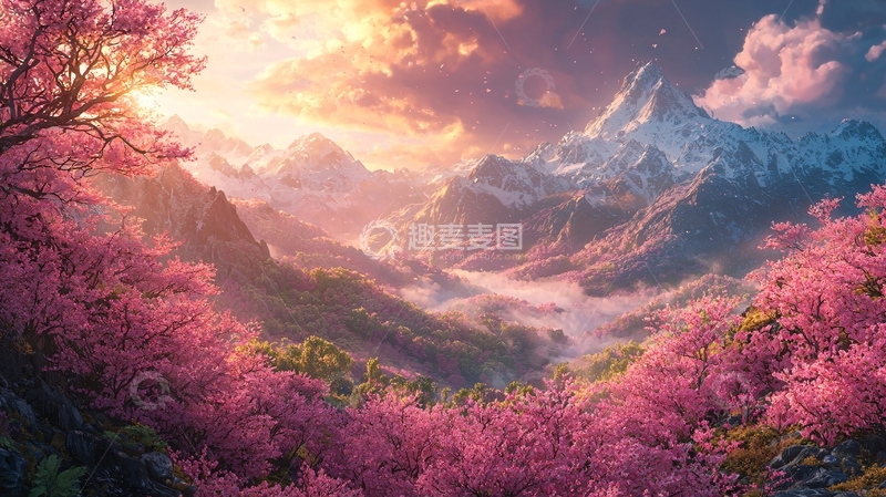 高清大图下载【趣麦麦图】梦幻般粉色樱花山脉