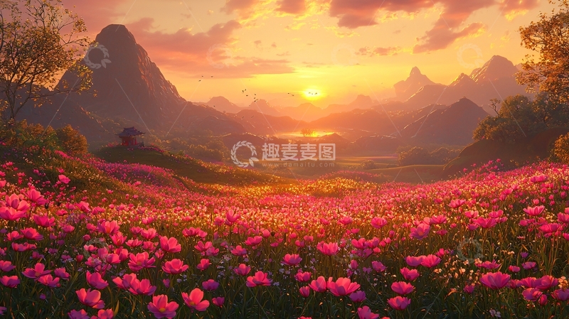 高清大图下载【趣麦麦图】日出山峰花海田园