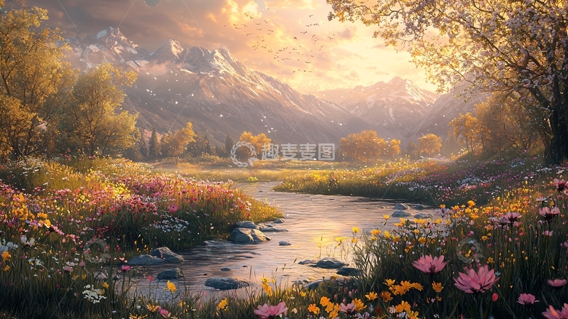 高清大图下载【趣麦麦图】秋日山谷溪流花田