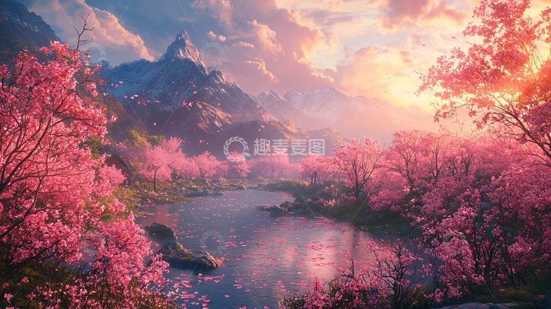 高清大图下载【趣麦麦图】梦幻般粉色樱花山谷