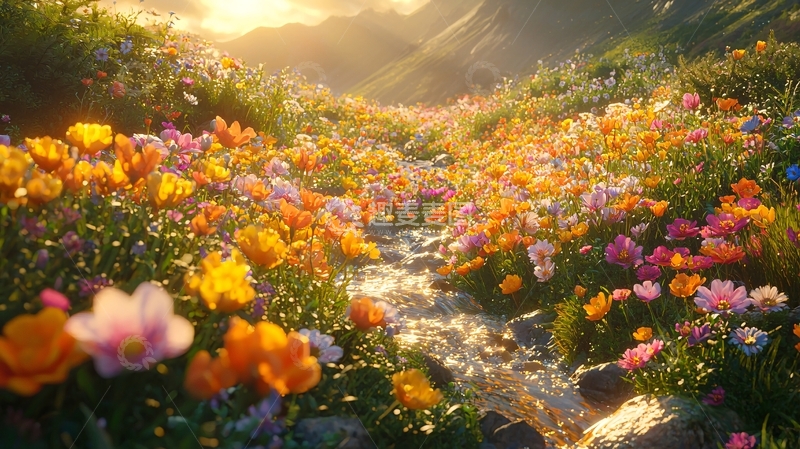 高清大图下载【趣麦麦图】阳光下溪流旁盛开的野花