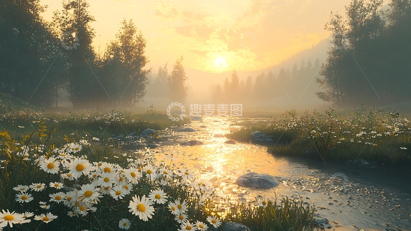 高清大图下载【趣麦麦图】清晨山谷溪流野花