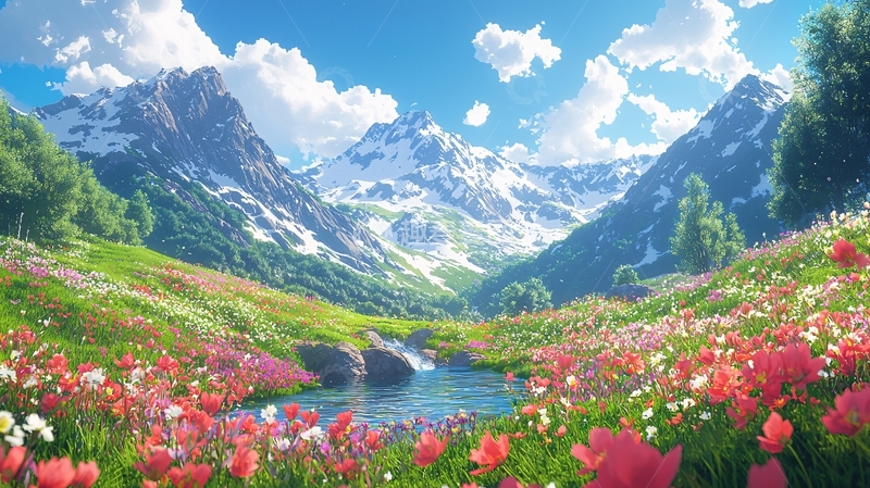 高清大图下载【趣麦麦图】高山花海溪流