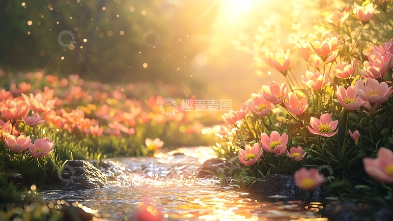 高清大图下载【趣麦麦图】阳光洒在花海溪流