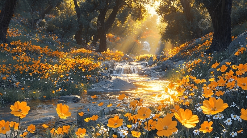 高清大图下载【趣麦麦图】阳光森林小溪黄花