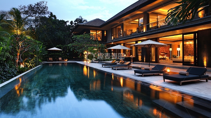 高清大图下载【趣麦麦图】豪华别墅泳池夜景