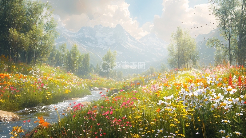 高清大图下载【趣麦麦图】梦幻般的花海溪流山谷