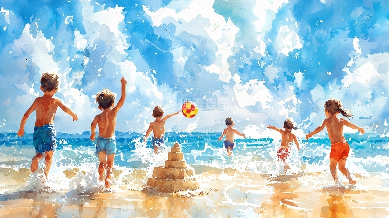 高清大图下载【趣麦麦图】沙滩上快乐玩耍的孩子们
