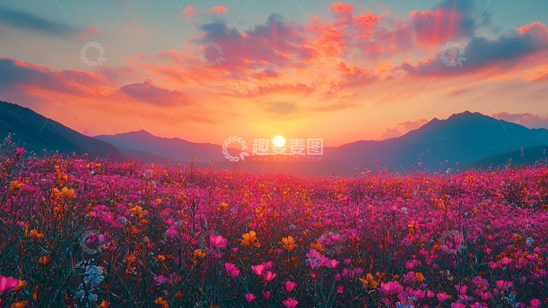 高清大图下载【趣麦麦图】日落花海山峦景色