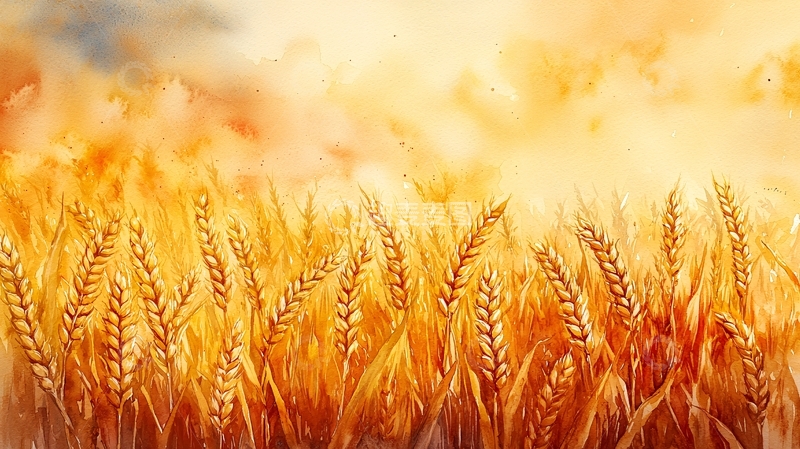 高清大图下载【趣麦麦图】金黄麦田水彩画