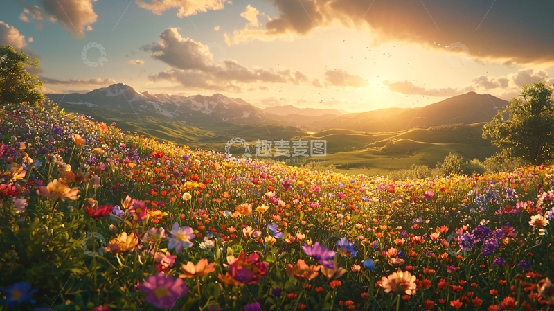高清大图下载【趣麦麦图】日落山谷野花盛开