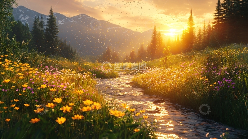 高清大图下载【趣麦麦图】山谷夕阳下的野花溪流