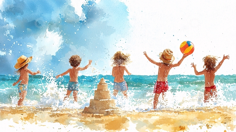 高清大图下载【趣麦麦图】沙滩儿童玩耍水彩画