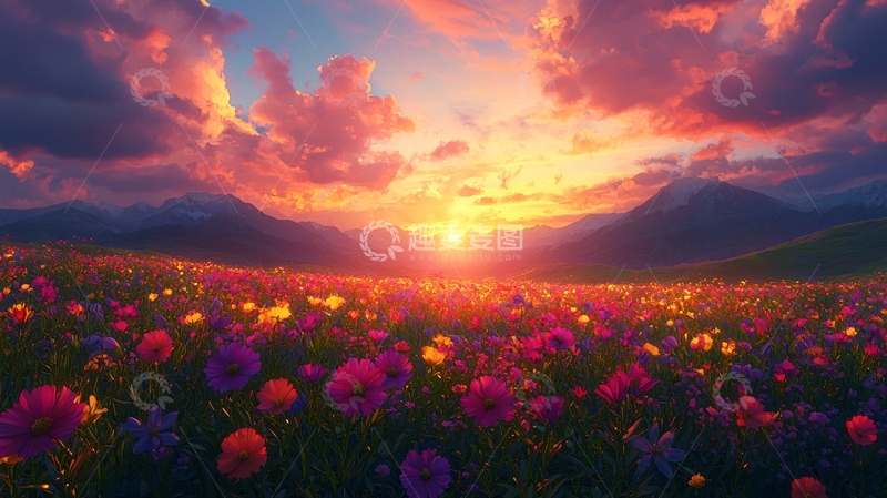 高清大图下载【趣麦麦图】花田日落美景